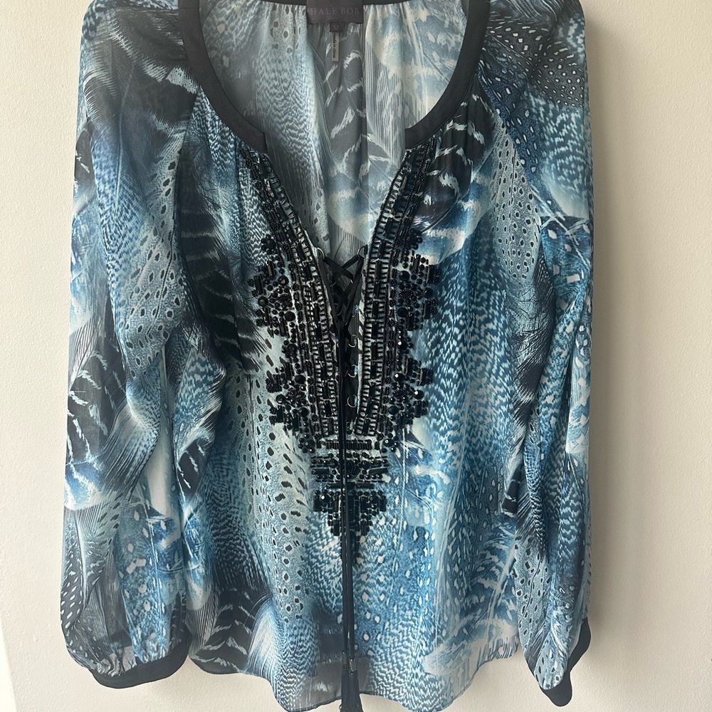 Stunning Hale Bob Black,Blue, and White Beaded Silk Tunic